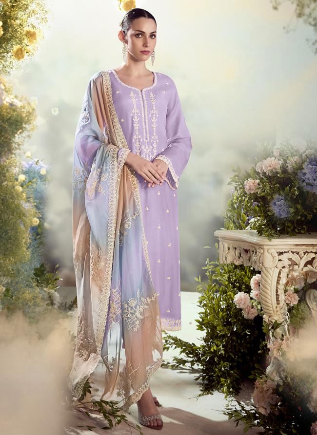 Modal Silk Lilac Party Wear Emboidery Work Straight Suit